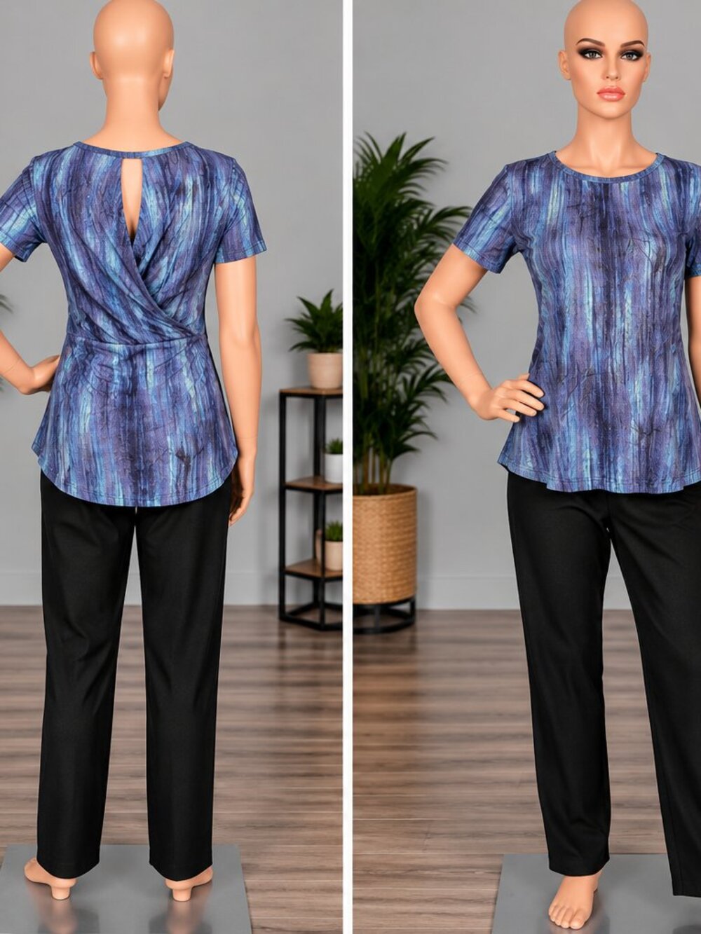 Lisa Rinna Collection Blue Striated Short-Sleeve Top